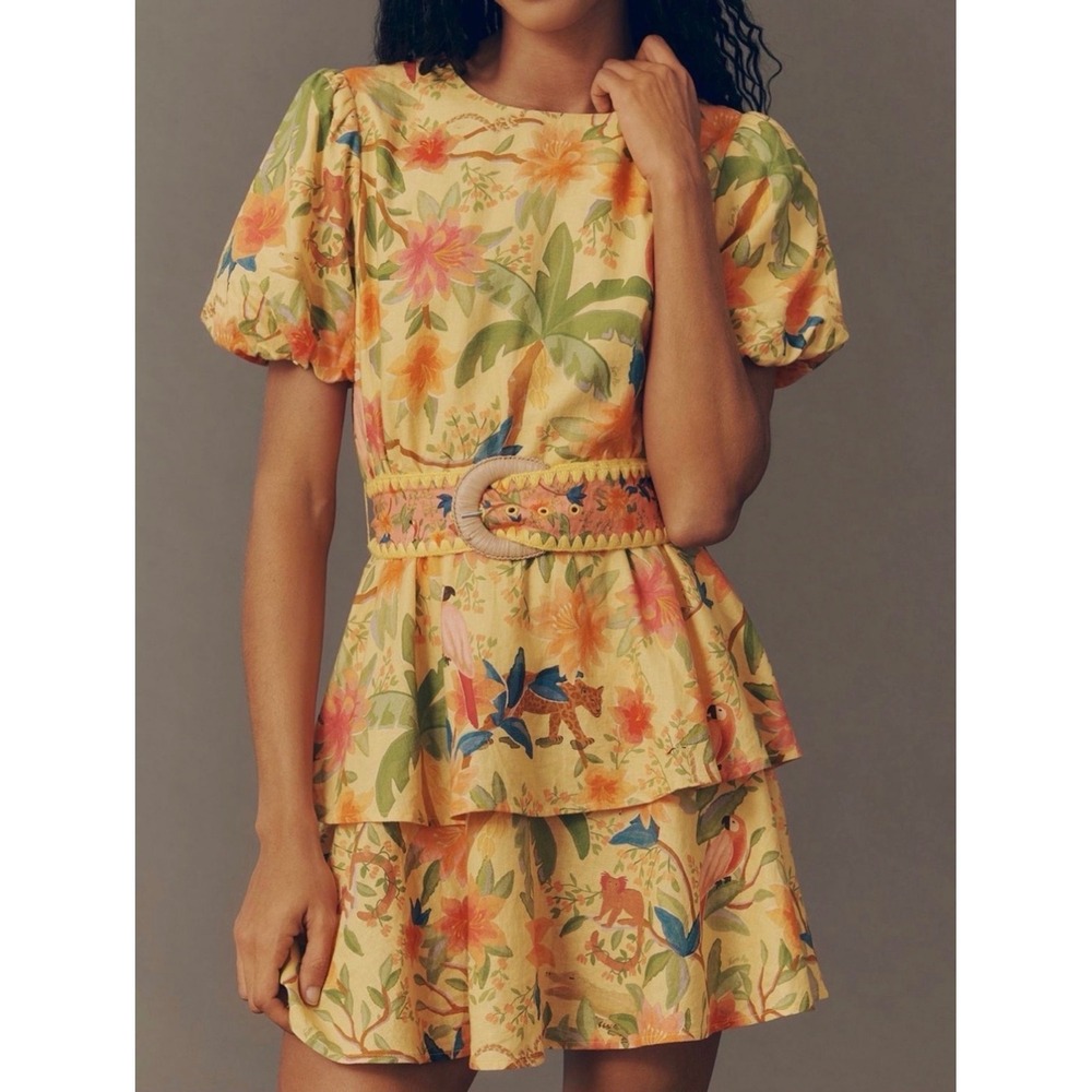 Farm Rio x Anthropologie Belted Tiered Mini Dress Yellow Tropical Floral L NWT